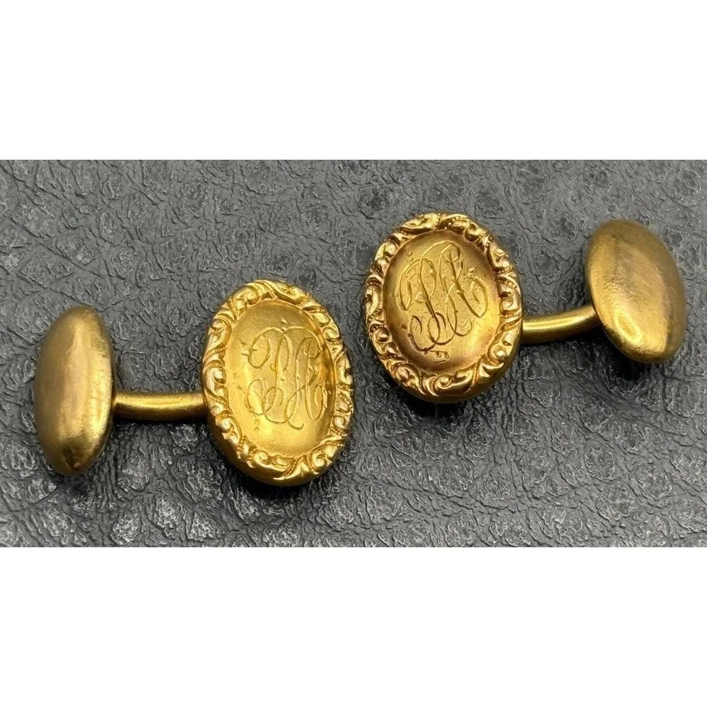 Vintage 14K Solid Yellow Gold Tone Victorian Cufflinks Ornate Etched Initials PA